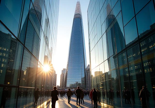Modern London office buildings reflecting the sky, representing UK business compliance