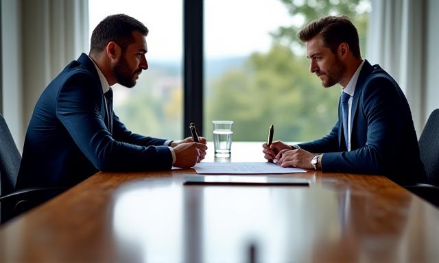 Legal professional and client discussing documents in a professional setting