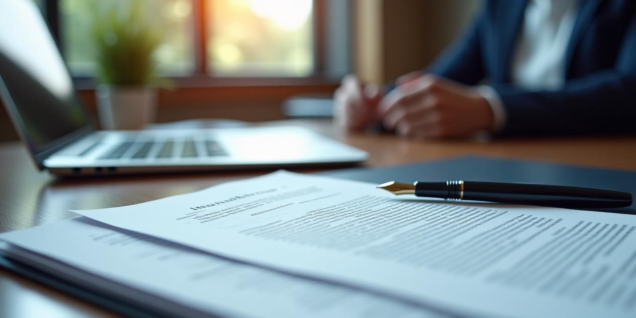 Professional lawyer reviewing a complex legal contract on a wooden mahogany desk