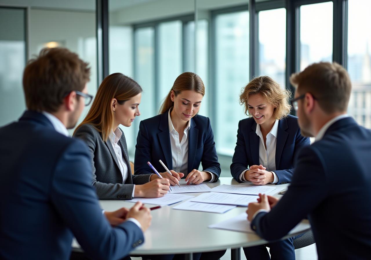 Team of lawyers discussing compliance and research